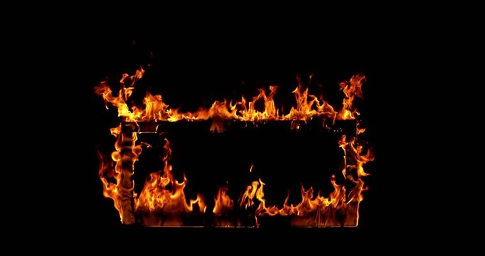 Super slow motion (500fps) shot of a burning wooden frame isolated on a black background. Intense flames with detailed motion, perfect for VFX overlays, compositing, fire effects and motion graphics.