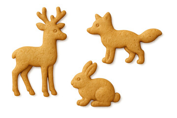 Delicious gingerbread cookies shaped like forest animals with transparent background