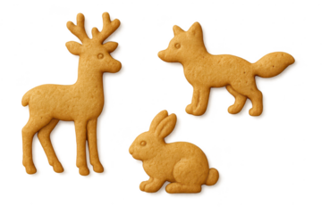 Delicious gingerbread cookies shaped like forest animals with transparent background