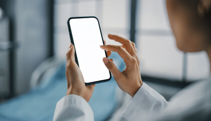 Person in white coat holds smartphone with blank screen, possibly in medical setting. background suggests healthcare environment, conveying sense of professionalism and technology use in medicine