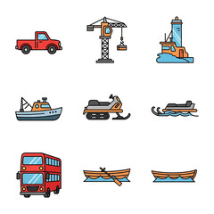 Colorful cartoon transport icons: pickup truck, crane, lighthouse, boats, snowmobile, jet ski, bus, rowboats.