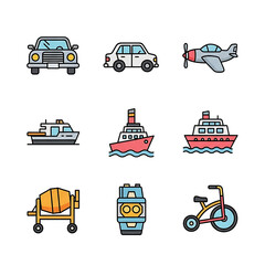 Colorful transportation and vehicle icons set: cars, boats, airplane, cement mixer, smartwatch, bicycle.