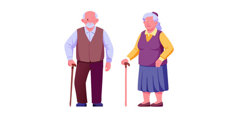 An illustration depicting an elderly couple both using walking sticks