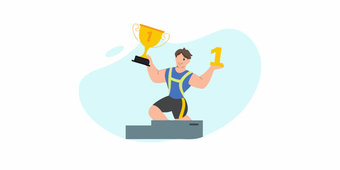 A victorious athlete celebrates first place on a podium with a golden trophy