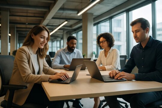 Diverse coworkers working on laptops in modern open plan office, focused on collaborative business project in bright corporate workspace. - Powered by Adobe