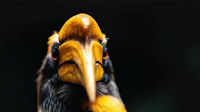 A stunning close-up captures the magnificent profile of an exotic bird, highlighting its prominent, vibrant yellow and orange beak and distinctive casque. The bird's striking dark plumage and intense,