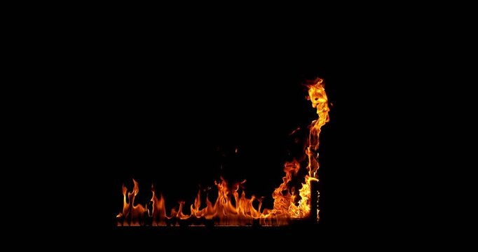 shot of a burning wooden beam in L shape isolated on a black background. Detailed fire textures ideal for VFX, compositing, overlays, motion graphics, and cinematic effects.