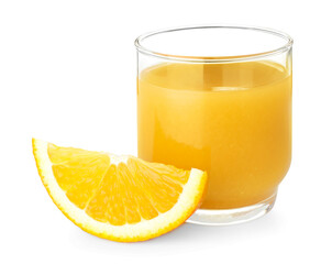 Fresh orange juice in glass and fruit slice isolated on white