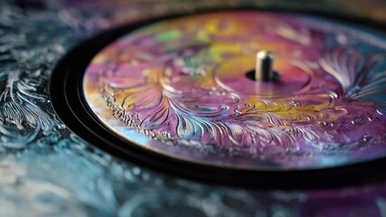 Closeup of a vinyl record featuring intricate custom graphic etching highlighting unique artistic patterns on the surface for personalized music memorabilia.