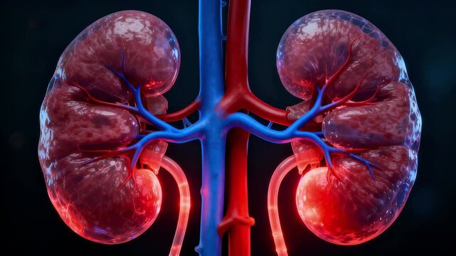 Detailed anatomical illustration of human kidney with visible arteries, veins, and urinary structures. Scientific medical visualization of kidney, organ function and structure, education concept