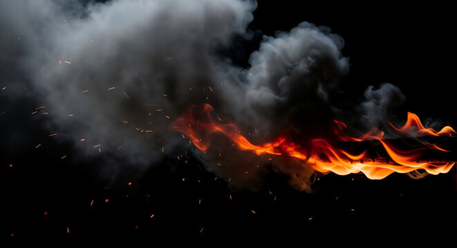 Intense Orange Fire Flame and Thick Smoke with Flying Sparks on Dark Background &ndash; High-Resolution Flame Texture and Smoke Effect