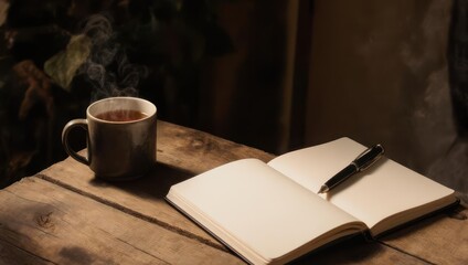 Steaming mug of dark liquid beside an open book with a pen, on a rustic wooden surface