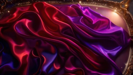 Vibrant, flowing silk fabric in red and purple hues, draped on an ornate, gilded tray