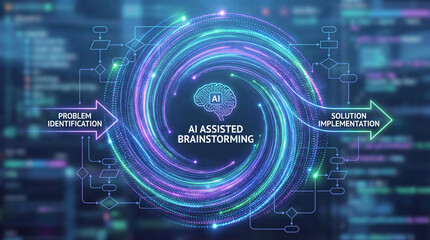 AI assisted brainstorm concept. AI assisted brainstorming process for problem identification and solution implementation, showcasing technology