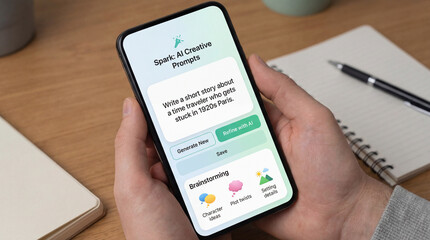 AI assisted brainstorm concept. AI creative prompts for writing stories, featuring time traveler in 1920s Paris, inspiring imagination