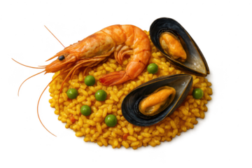 Gourmet seafood paella with prawn, mussels, and rice on transparent background.