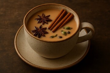 Warm cup of chai tea with cinnamon sticks and star anise