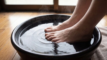 A moment of tranquility: bare feet immersed in a soothing foot bath, embodying the essence of relaxation and rejuvenation.