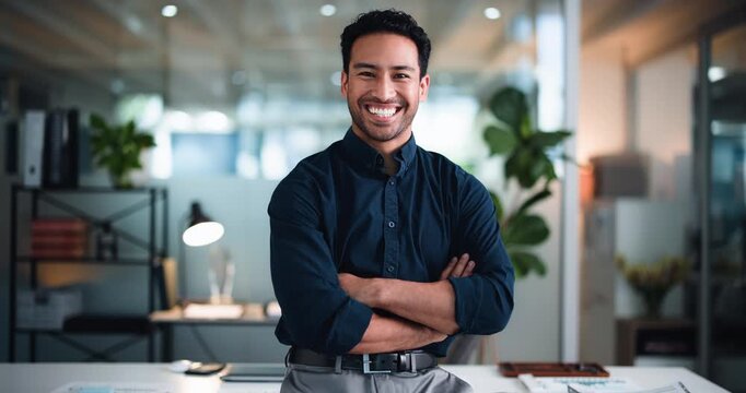 Face, business and man with arms crossed in office for career pride, about us and real estate. Portrait, male person and happiness for realtor ambition, property development and housing consultant