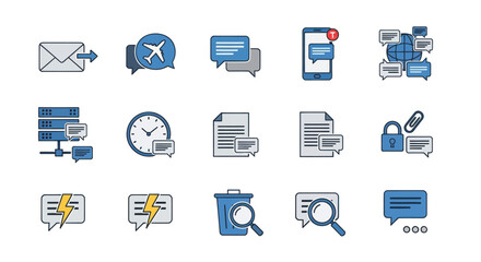 Hand-drawn doodle style communication messaging and data technology icons set.