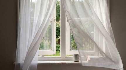 Naklejka premium Soft, sheer curtains billow gently in the breeze, framing a sunlit view through an open window, a perfect symbol of serenity and peace.