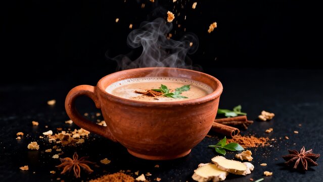 Steaming cup of spiced chai tea with cinnamon and star anise - Powered by Adobe