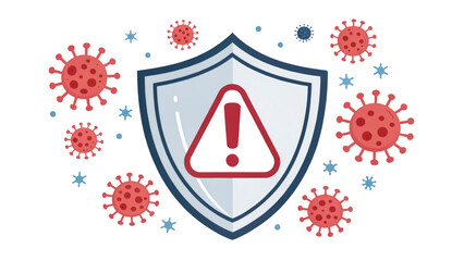 A shield symbolizing protection against the measles virus. It features virus icons that represent the ongoing risk of infection and the importance of vaccination and healthcare