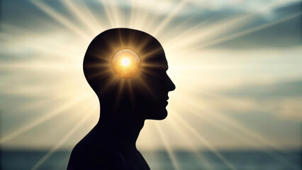 A person stands at the beach with a silhouette against the sunset. Light radiates from their head, symbolizing mindfulness and mental health. The peaceful setting encourages reflection and relaxation