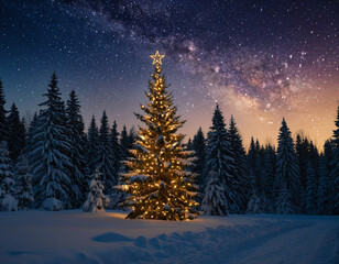 Magical Christmas Tree with Golden Lights in Snowy Forest Under Milky Way