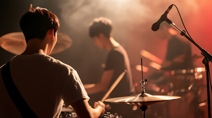 Experience live music with talented drummers hitting rhythmic beats. The stage is set for an unforgettable musical journey with great music! Feel the passion and energy.