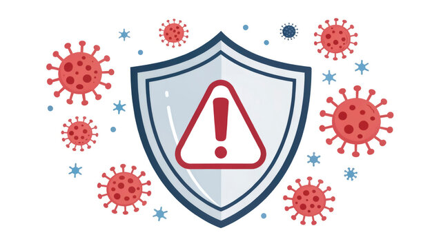 A shield symbolizing protection against the measles virus. It features virus icons that represent the ongoing risk of infection and the importance of vaccination and healthcare - Powered by Adobe