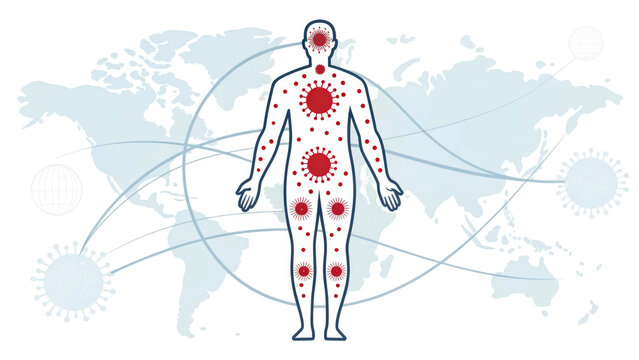 A representation shows the measles virus affecting the human body against a world map. The artwork highlights symptoms and global connections through outbreaks and infections