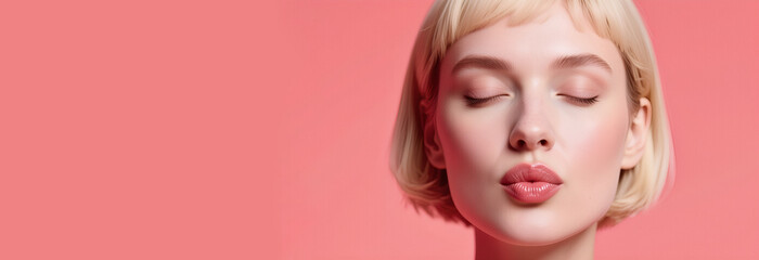 Volto di giovane donna bionda dagli occhi chiusi in attesa di un bacio in primo piano su uno sfondo color rosa pallido uniforme