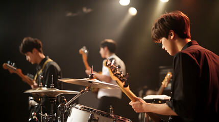 A band performs live on stage under the warm spotlight, captivating their audience. The music is intense, the atmosphere electric, and the energy palpable. A night of unforgettable music.