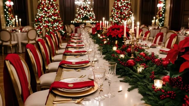 Elegant Christmas Dinner Setup: A long, elegantly set dining table adorned with festive Christmas decorations, including poinsettias, evergreen garlands, candles, and illuminated Christmas trees.