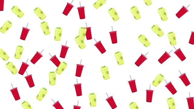 Bright red cups and green containers with straws make a festive display for summer party themes, beverages, or ecofriendly products.