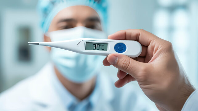 In a healthcare facility, a doctor measures the temperature of a patient who shows symptoms of measles. The environment appears clinical and professional - Powered by Adobe