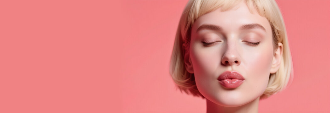 Volto di giovane donna bionda dagli occhi chiusi in attesa di un bacio in primo piano su uno sfondo color rosa pallido uniforme
