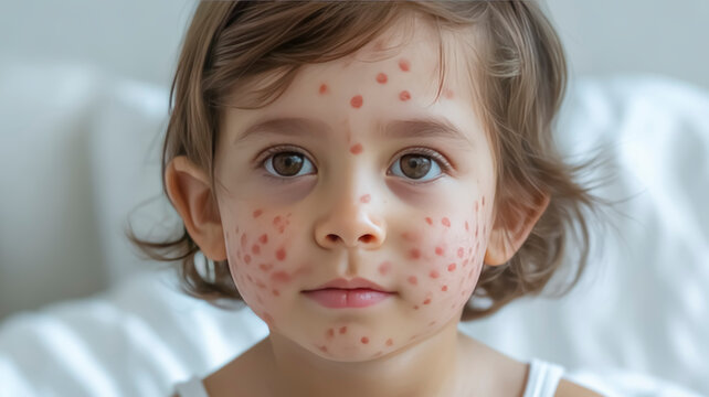 A child is sitting in a healthcare facility with visible rash symptoms on the face due to measles. This scene highlights the importance of vaccination and awareness during an outbreak
