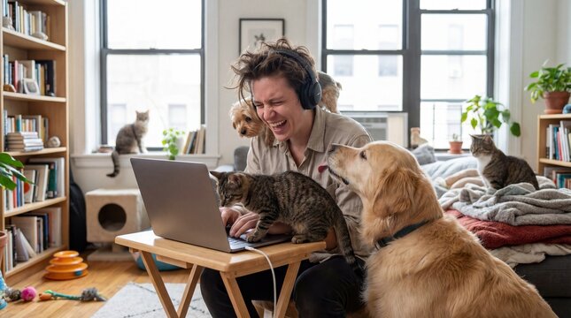 A woman working on laptop at home is surrounded by playful cats and a golden retriever, depicting a cozy and lively atmosphere.