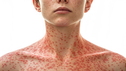 A person shows signs of measles infection with a rash covering the neck and chest area. The setting suggests a healthcare environment for diagnosis and treatment