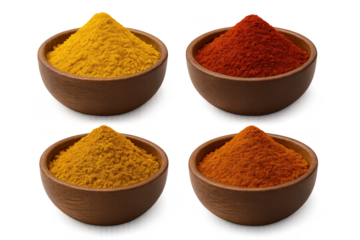 Four bowls of colorful powdered spices displayed on a transparent background.