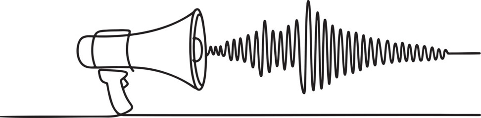 Continuous line drawing of a megaphone amplifying a loud complex sound wave symbolizing announcement or broadcast