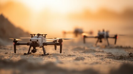 Three Drones on Sandy Ground at Sunset
