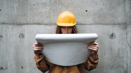Female architect in yellow hard hat reviewing construction plans