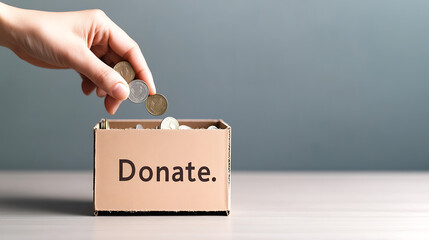 Show your support by donating to our charity. Every coin counts towards making a difference in someone's life. A hand placing coins into a donation box. Your generosity can spark hope.