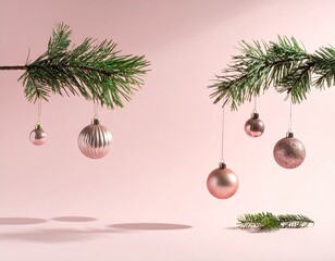 Festive pink Christmas ornaments and pine branches against a soft pink background, celebrating the holiday season