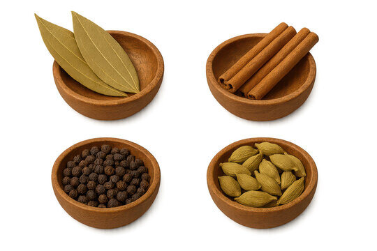 Assorted cooking spices in wooden bowls with a clean transparent background - Powered by Adobe