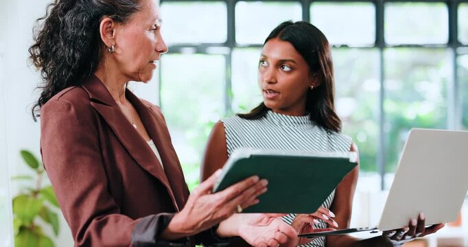 Mentor, review or women in office with tablet, explain or feedback on article idea. Collaboration, intern or journalist in agency with laptop, editorial assessment or manager advice on digital report