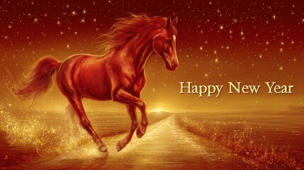 Obraz premium Happy New Year greeting card featuring a running horse in a golden landscape